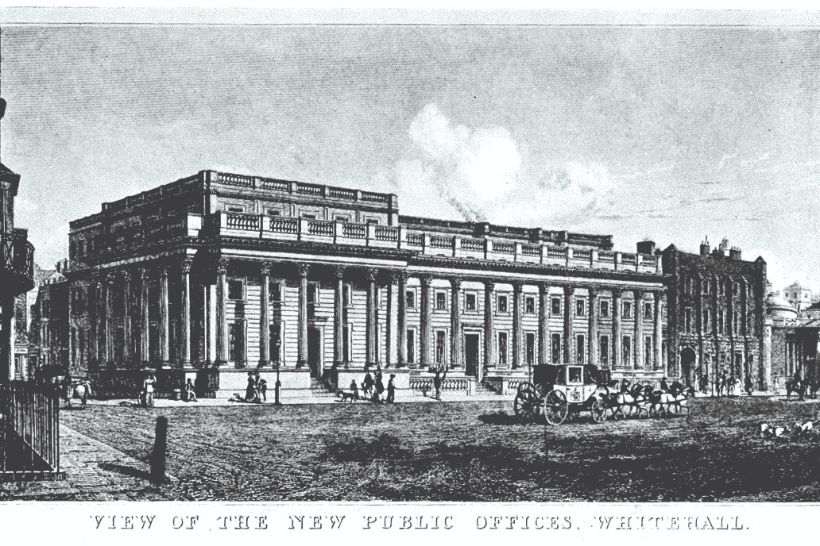 John Soane’s Whitehall building (1820s) known as “New Public Offices” but linked to William Kent’s Treasury behind it