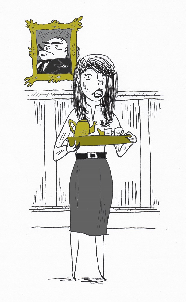A cartoon illustration by John Levers of Love Actually's Natalie, holding a tea tray with an alarmed expression on her face